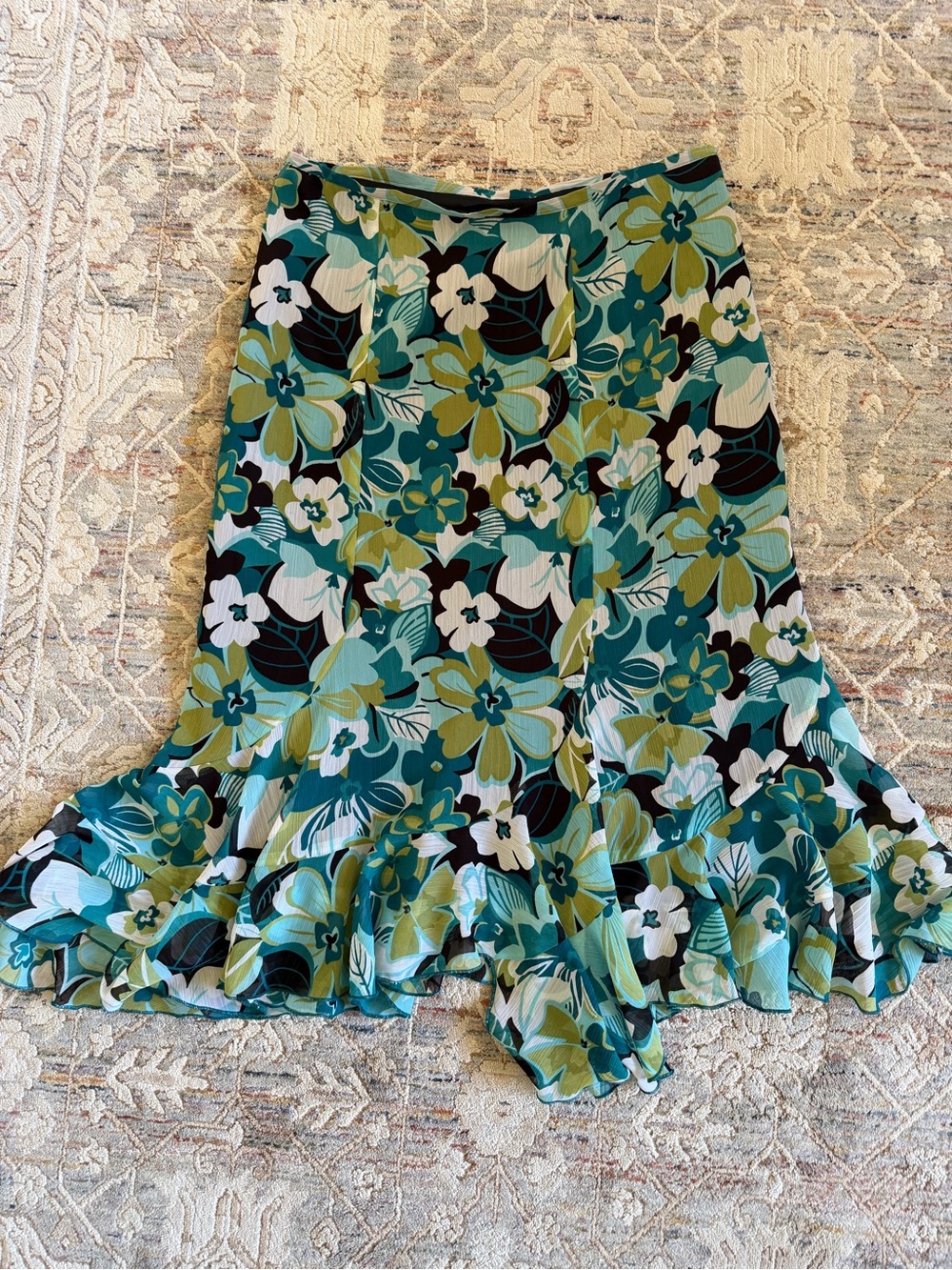 Floral Ruffle Hem Midi Skirt in Teal and Green